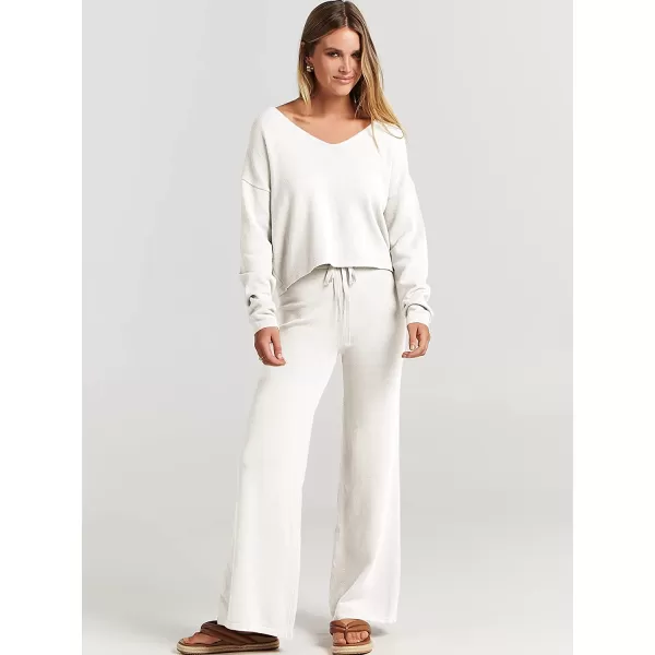 imageANRABESS Womens Two Piece Outfits Long Sleeve V Neck Crop Top with High Waist Wide Leg Pants Sweater Sets Lounge WearWhite
