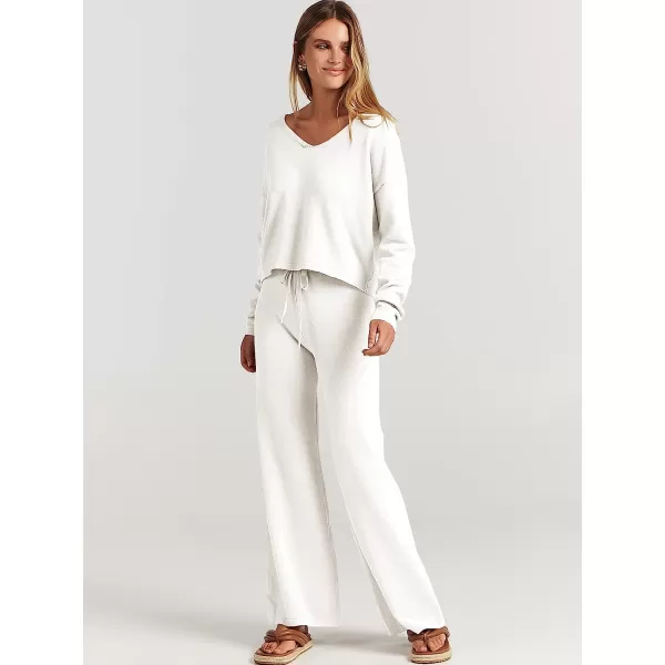 imageANRABESS Womens Two Piece Outfits Long Sleeve V Neck Crop Top with High Waist Wide Leg Pants Sweater Sets Lounge WearWhite