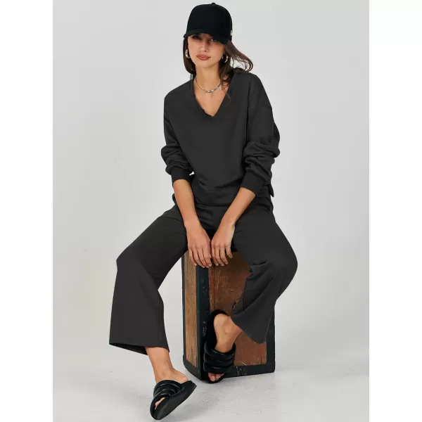 imageANRABESS Womens Two Piece Outfits Matching Sets Long Sleeve Crop Pullover Top and Wide Leg Pants Tracksuit Lounge SetBlack