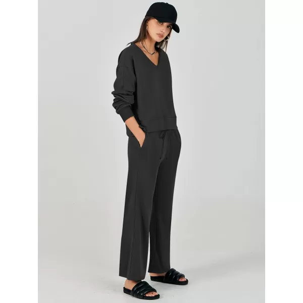 imageANRABESS Womens Two Piece Outfits Matching Sets Long Sleeve Crop Pullover Top and Wide Leg Pants Tracksuit Lounge SetBlack