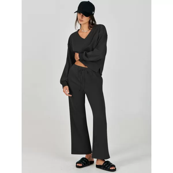 imageANRABESS Womens Two Piece Outfits Matching Sets Long Sleeve Crop Pullover Top and Wide Leg Pants Tracksuit Lounge SetBlack