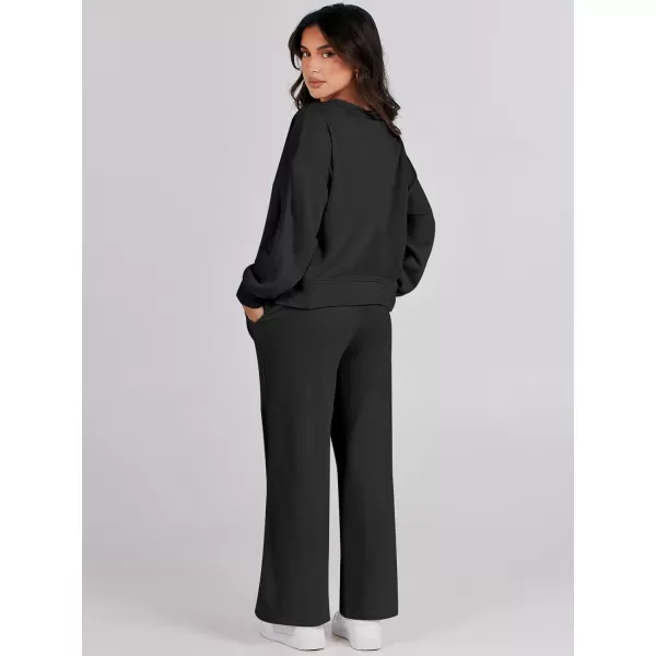 imageANRABESS Womens Two Piece Outfits Matching Sets Long Sleeve Crop Pullover Top and Wide Leg Pants Tracksuit Lounge SetBlack