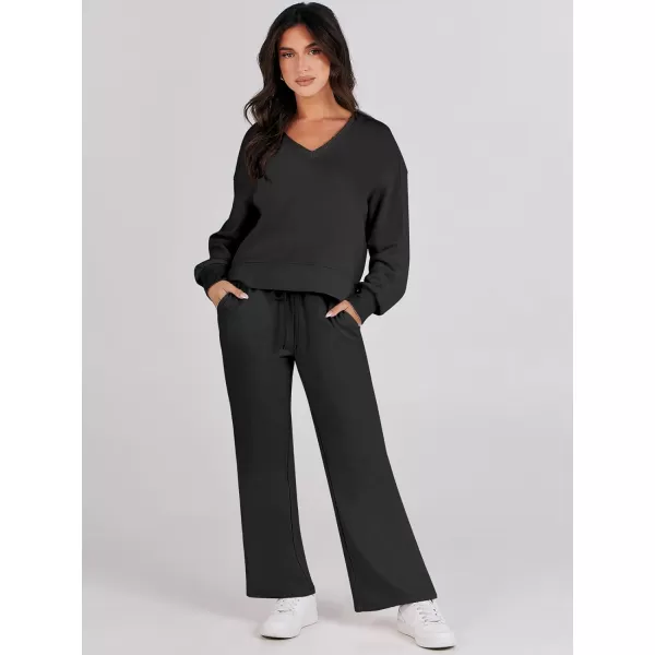 imageANRABESS Womens Two Piece Outfits Matching Sets Long Sleeve Crop Pullover Top and Wide Leg Pants Tracksuit Lounge SetBlack