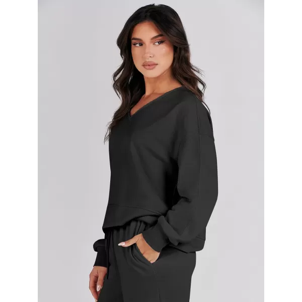 imageANRABESS Womens Two Piece Outfits Matching Sets Long Sleeve Crop Pullover Top and Wide Leg Pants Tracksuit Lounge SetBlack