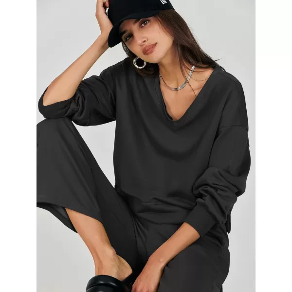 imageANRABESS Womens Two Piece Outfits Matching Sets Long Sleeve Crop Pullover Top and Wide Leg Pants Tracksuit Lounge SetBlack