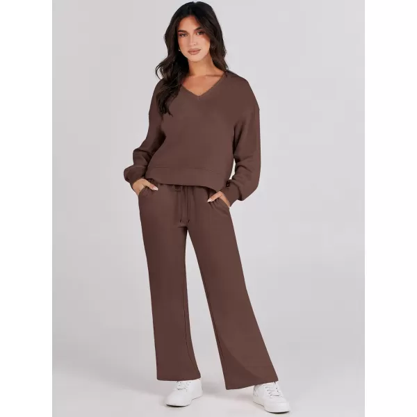imageANRABESS Womens Two Piece Outfits Matching Sets Long Sleeve Crop Pullover Top and Wide Leg Pants Tracksuit Lounge SetBrown