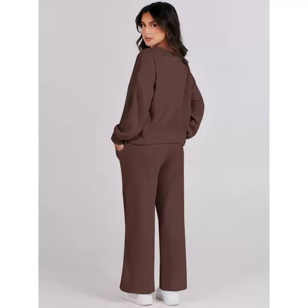 imageANRABESS Womens Two Piece Outfits Matching Sets Long Sleeve Crop Pullover Top and Wide Leg Pants Tracksuit Lounge SetBrown