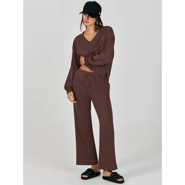 imageANRABESS Womens Two Piece Outfits Matching Sets Long Sleeve Crop Pullover Top and Wide Leg Pants Tracksuit Lounge SetBrown