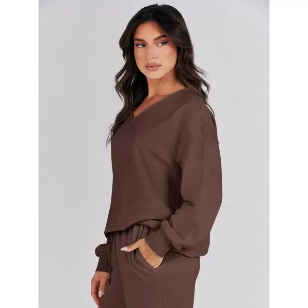 imageANRABESS Womens Two Piece Outfits Matching Sets Long Sleeve Crop Pullover Top and Wide Leg Pants Tracksuit Lounge SetBrown