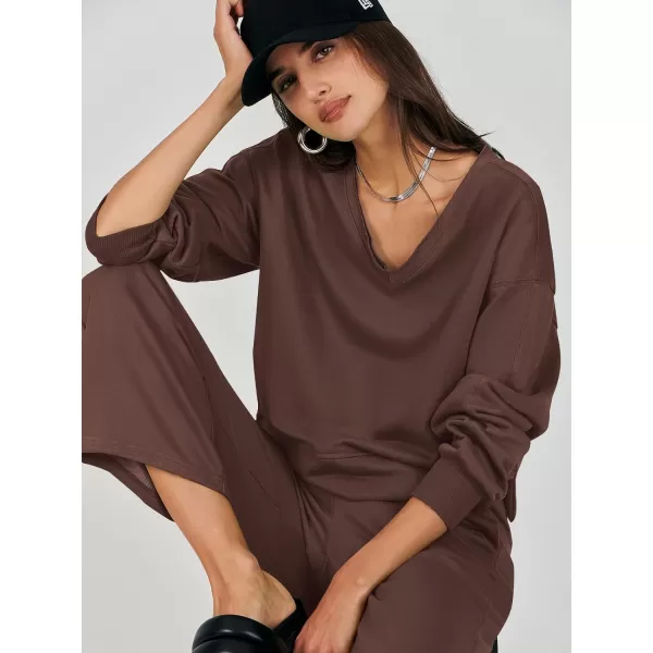 imageANRABESS Womens Two Piece Outfits Matching Sets Long Sleeve Crop Pullover Top and Wide Leg Pants Tracksuit Lounge SetBrown