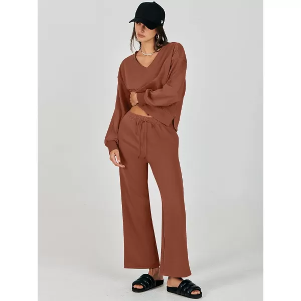 imageANRABESS Womens Two Piece Outfits Matching Sets Long Sleeve Crop Pullover Top and Wide Leg Pants Tracksuit Lounge SetCaramel