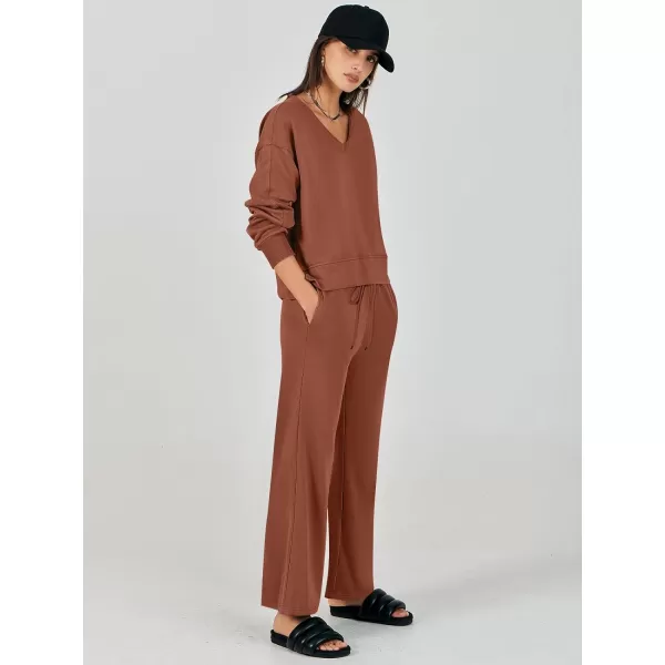 imageANRABESS Womens Two Piece Outfits Matching Sets Long Sleeve Crop Pullover Top and Wide Leg Pants Tracksuit Lounge SetCaramel