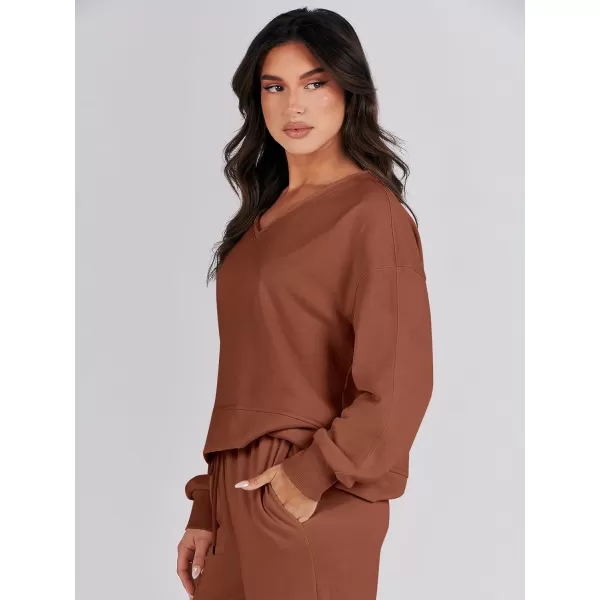 imageANRABESS Womens Two Piece Outfits Matching Sets Long Sleeve Crop Pullover Top and Wide Leg Pants Tracksuit Lounge SetCaramel
