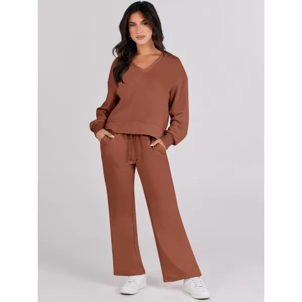 imageANRABESS Womens Two Piece Outfits Matching Sets Long Sleeve Crop Pullover Top and Wide Leg Pants Tracksuit Lounge SetCaramel