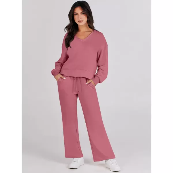 imageANRABESS Womens Two Piece Outfits Matching Sets Long Sleeve Crop Pullover Top and Wide Leg Pants Tracksuit Lounge SetDark Pink