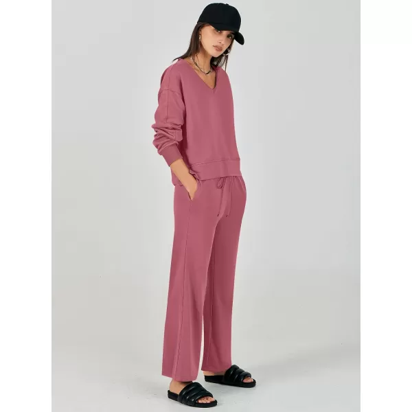 imageANRABESS Womens Two Piece Outfits Matching Sets Long Sleeve Crop Pullover Top and Wide Leg Pants Tracksuit Lounge SetDark Pink