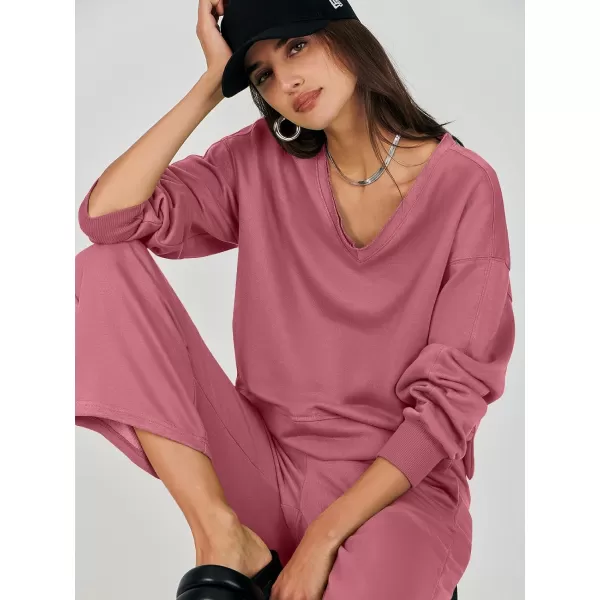 imageANRABESS Womens Two Piece Outfits Matching Sets Long Sleeve Crop Pullover Top and Wide Leg Pants Tracksuit Lounge SetDark Pink