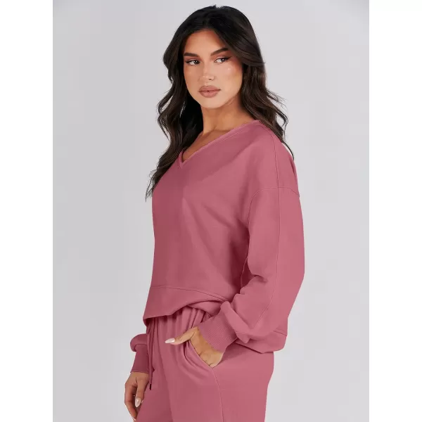 imageANRABESS Womens Two Piece Outfits Matching Sets Long Sleeve Crop Pullover Top and Wide Leg Pants Tracksuit Lounge SetDark Pink