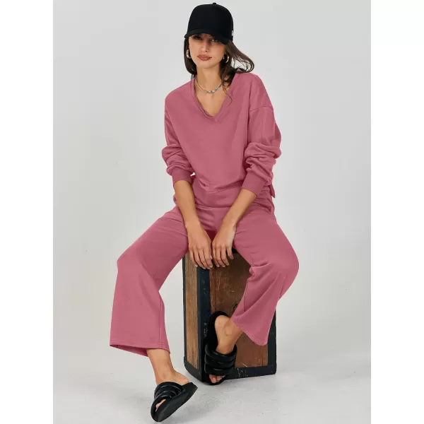 imageANRABESS Womens Two Piece Outfits Matching Sets Long Sleeve Crop Pullover Top and Wide Leg Pants Tracksuit Lounge SetDark Pink