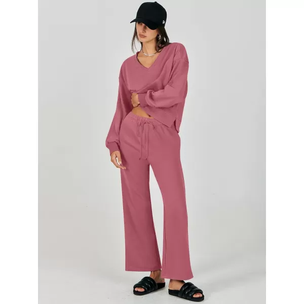 imageANRABESS Womens Two Piece Outfits Matching Sets Long Sleeve Crop Pullover Top and Wide Leg Pants Tracksuit Lounge SetDark Pink