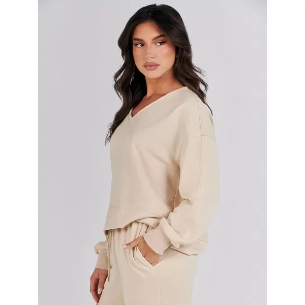 imageANRABESS Womens Two Piece Outfits Matching Sets Long Sleeve Crop Pullover Top and Wide Leg Pants Tracksuit Lounge SetDeep Apricot