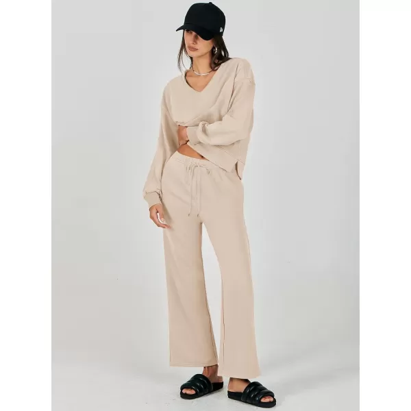 imageANRABESS Womens Two Piece Outfits Matching Sets Long Sleeve Crop Pullover Top and Wide Leg Pants Tracksuit Lounge SetDeep Apricot