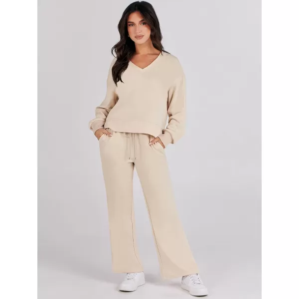 imageANRABESS Womens Two Piece Outfits Matching Sets Long Sleeve Crop Pullover Top and Wide Leg Pants Tracksuit Lounge SetDeep Apricot