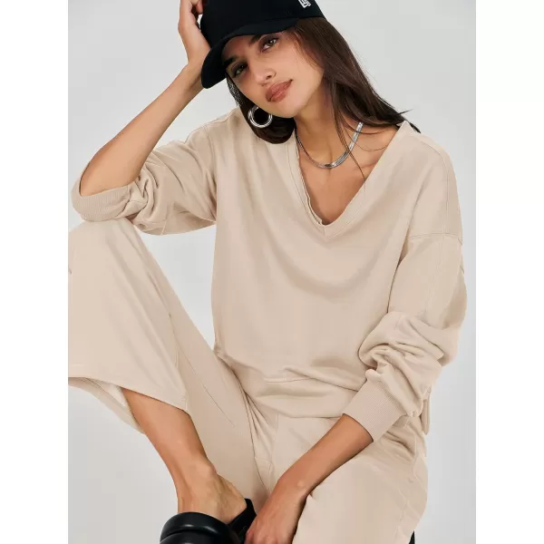 imageANRABESS Womens Two Piece Outfits Matching Sets Long Sleeve Crop Pullover Top and Wide Leg Pants Tracksuit Lounge SetDeep Apricot