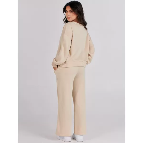 imageANRABESS Womens Two Piece Outfits Matching Sets Long Sleeve Crop Pullover Top and Wide Leg Pants Tracksuit Lounge SetDeep Apricot