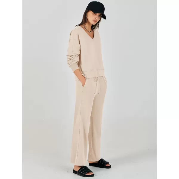 imageANRABESS Womens Two Piece Outfits Matching Sets Long Sleeve Crop Pullover Top and Wide Leg Pants Tracksuit Lounge SetDeep Apricot
