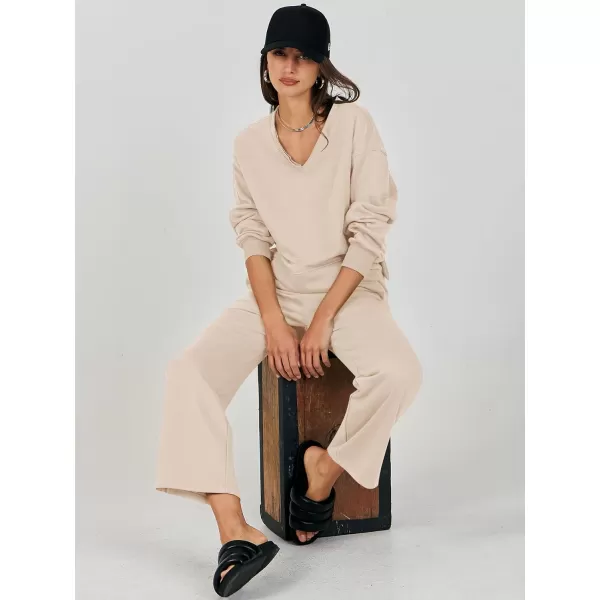 imageANRABESS Womens Two Piece Outfits Matching Sets Long Sleeve Crop Pullover Top and Wide Leg Pants Tracksuit Lounge SetDeep Apricot