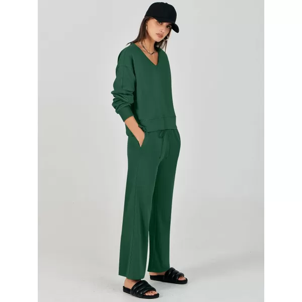 imageANRABESS Womens Two Piece Outfits Matching Sets Long Sleeve Crop Pullover Top and Wide Leg Pants Tracksuit Lounge SetDeep Green