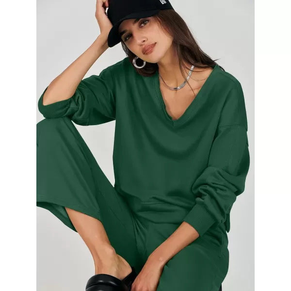 imageANRABESS Womens Two Piece Outfits Matching Sets Long Sleeve Crop Pullover Top and Wide Leg Pants Tracksuit Lounge SetDeep Green