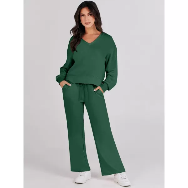 imageANRABESS Womens Two Piece Outfits Matching Sets Long Sleeve Crop Pullover Top and Wide Leg Pants Tracksuit Lounge SetDeep Green
