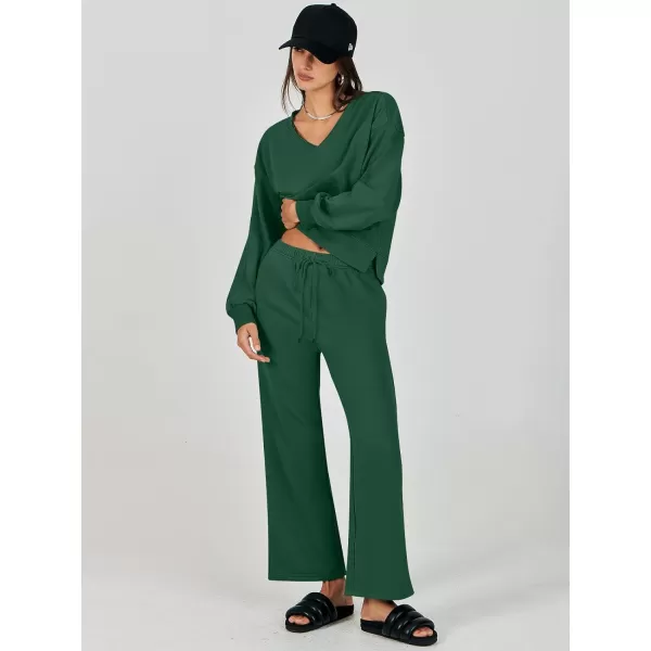 imageANRABESS Womens Two Piece Outfits Matching Sets Long Sleeve Crop Pullover Top and Wide Leg Pants Tracksuit Lounge SetDeep Green