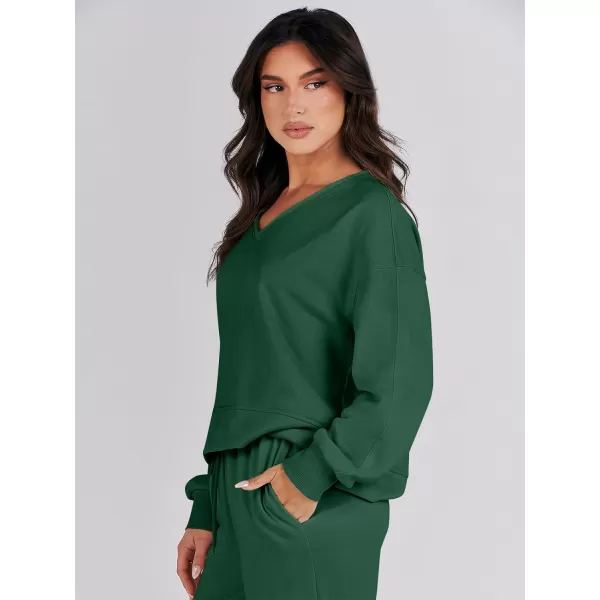 imageANRABESS Womens Two Piece Outfits Matching Sets Long Sleeve Crop Pullover Top and Wide Leg Pants Tracksuit Lounge SetDeep Green