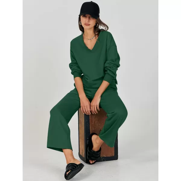 imageANRABESS Womens Two Piece Outfits Matching Sets Long Sleeve Crop Pullover Top and Wide Leg Pants Tracksuit Lounge SetDeep Green