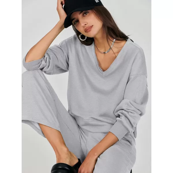 imageANRABESS Womens Two Piece Outfits Matching Sets Long Sleeve Crop Pullover Top and Wide Leg Pants Tracksuit Lounge SetGrey