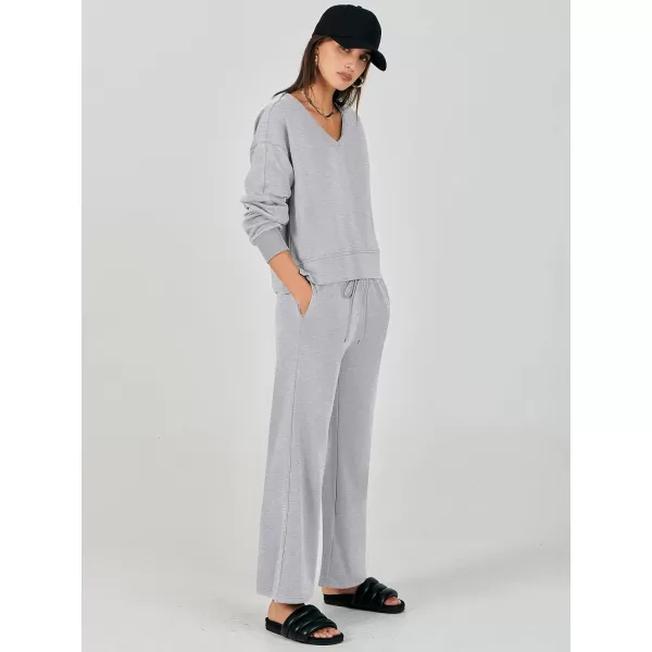 imageANRABESS Womens Two Piece Outfits Matching Sets Long Sleeve Crop Pullover Top and Wide Leg Pants Tracksuit Lounge SetGrey