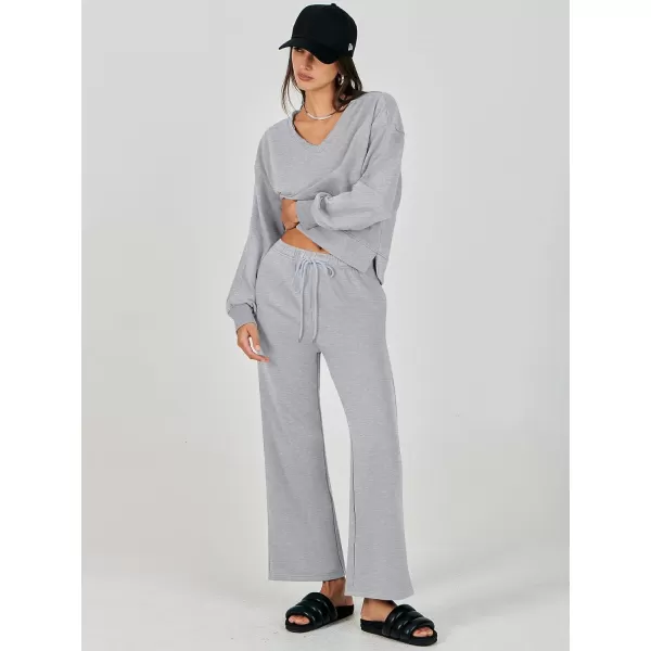 imageANRABESS Womens Two Piece Outfits Matching Sets Long Sleeve Crop Pullover Top and Wide Leg Pants Tracksuit Lounge SetGrey