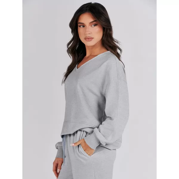imageANRABESS Womens Two Piece Outfits Matching Sets Long Sleeve Crop Pullover Top and Wide Leg Pants Tracksuit Lounge SetGrey