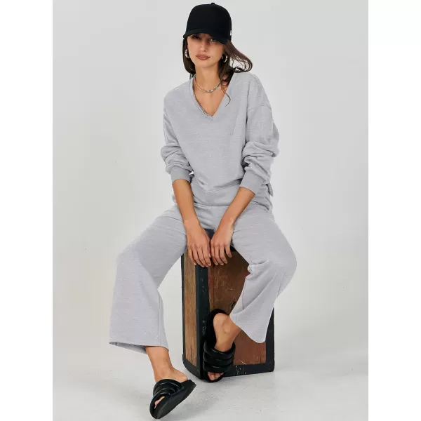 imageANRABESS Womens Two Piece Outfits Matching Sets Long Sleeve Crop Pullover Top and Wide Leg Pants Tracksuit Lounge SetGrey