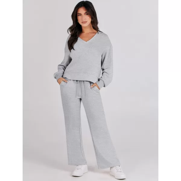 imageANRABESS Womens Two Piece Outfits Matching Sets Long Sleeve Crop Pullover Top and Wide Leg Pants Tracksuit Lounge SetGrey