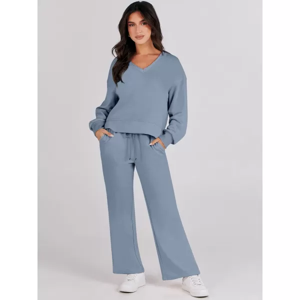 imageANRABESS Womens Two Piece Outfits Matching Sets Long Sleeve Crop Pullover Top and Wide Leg Pants Tracksuit Lounge SetGrey Blue