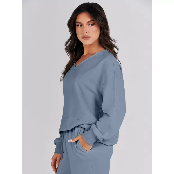 imageANRABESS Womens Two Piece Outfits Matching Sets Long Sleeve Crop Pullover Top and Wide Leg Pants Tracksuit Lounge SetGrey Blue
