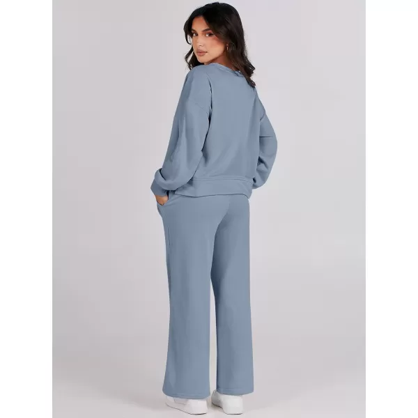 imageANRABESS Womens Two Piece Outfits Matching Sets Long Sleeve Crop Pullover Top and Wide Leg Pants Tracksuit Lounge SetGrey Blue