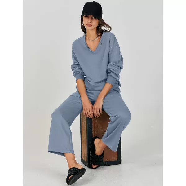 imageANRABESS Womens Two Piece Outfits Matching Sets Long Sleeve Crop Pullover Top and Wide Leg Pants Tracksuit Lounge SetGrey Blue