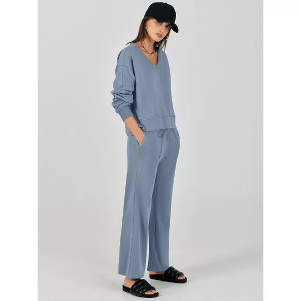 imageANRABESS Womens Two Piece Outfits Matching Sets Long Sleeve Crop Pullover Top and Wide Leg Pants Tracksuit Lounge SetGrey Blue