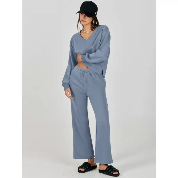 imageANRABESS Womens Two Piece Outfits Matching Sets Long Sleeve Crop Pullover Top and Wide Leg Pants Tracksuit Lounge SetGrey Blue