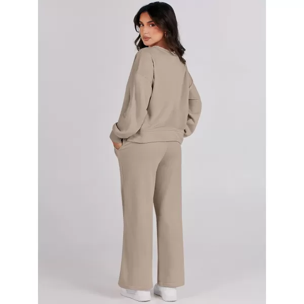 imageANRABESS Womens Two Piece Outfits Matching Sets Long Sleeve Crop Pullover Top and Wide Leg Pants Tracksuit Lounge SetKhaki